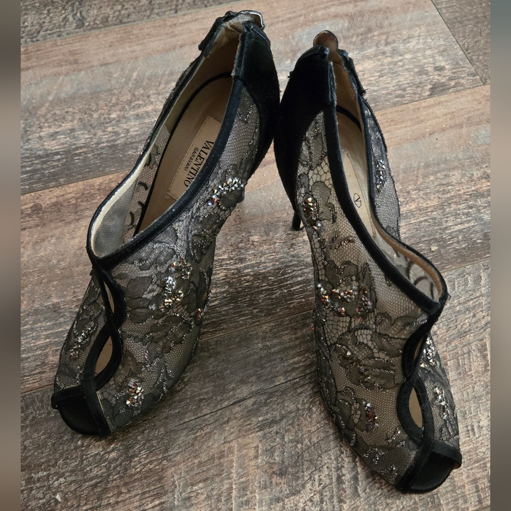 Valentino Black Lace Peep-Toe Heels